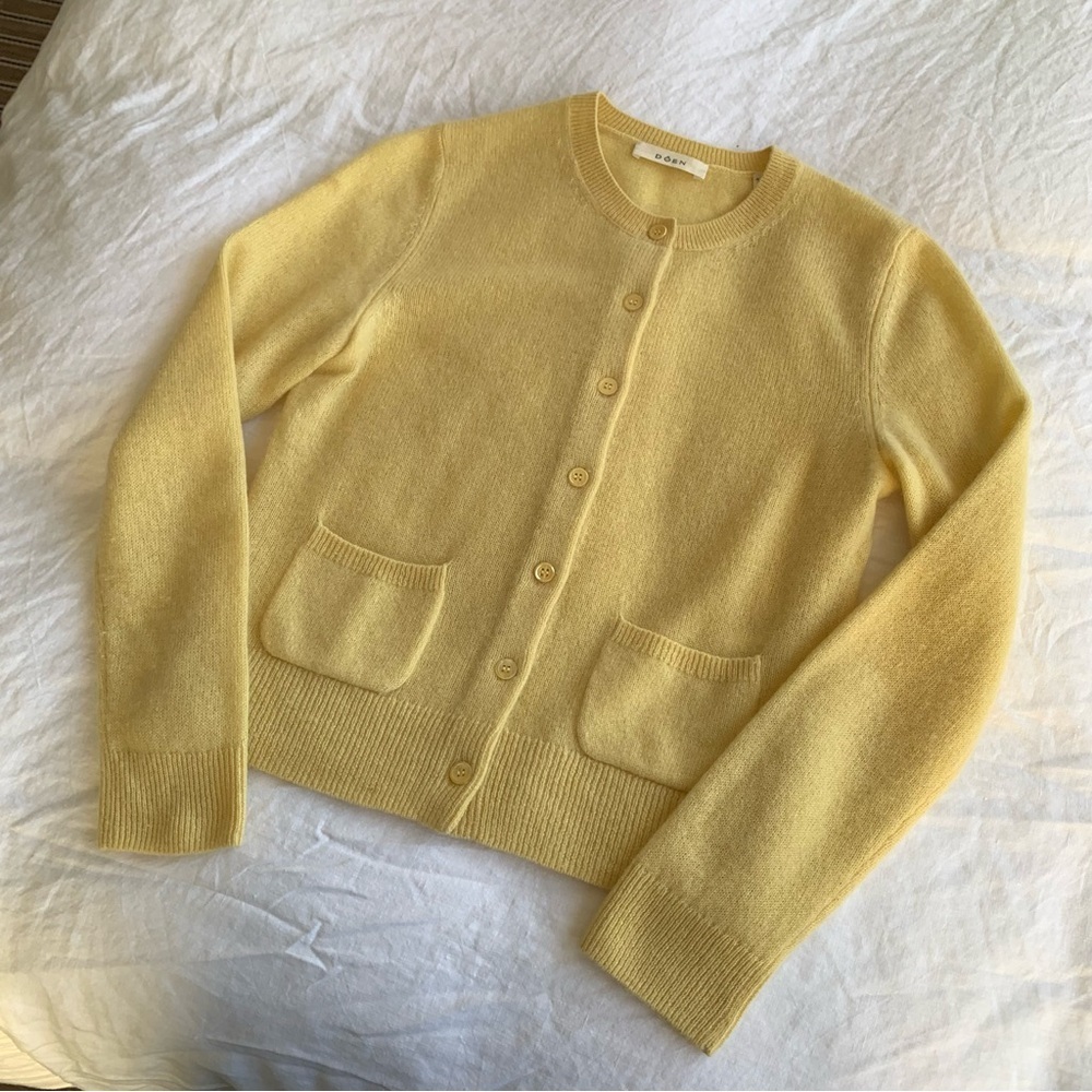 Doen Freya Cashmere Crewneck Pocket Button Knit Sweater Top Lemon Chiffon Yellow - Picture 7 of 13